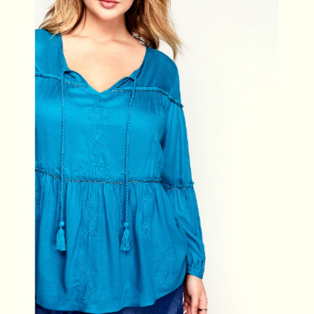 Lane Bryant 14 16 1X Aqua Embroidered Peasant Top NEW NWT Boho Shirt Blouse